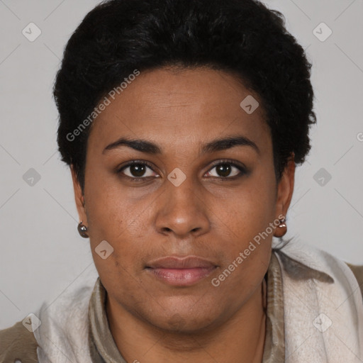 Neutral black young-adult female with short  brown hair and brown eyes