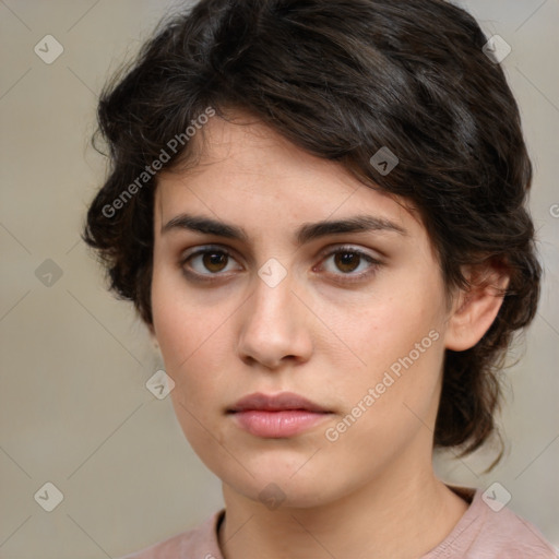 Neutral white young-adult female with medium  brown hair and brown eyes