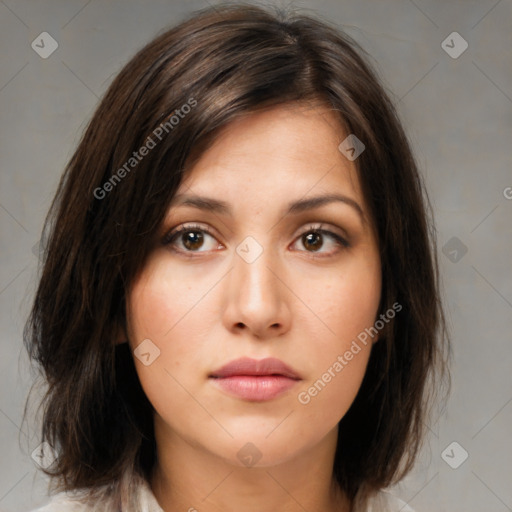 Neutral white young-adult female with medium  brown hair and brown eyes