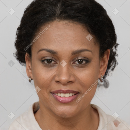 Joyful latino young-adult female with short  brown hair and brown eyes