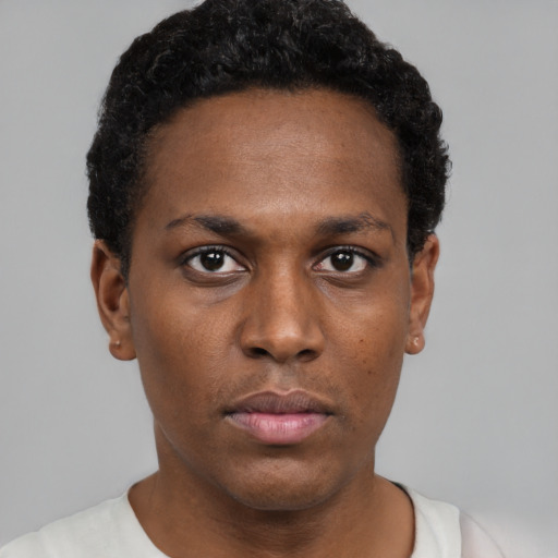 Neutral black young-adult male with short  black hair and brown eyes
