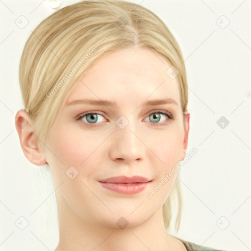 Joyful white young-adult female with medium  brown hair and blue eyes