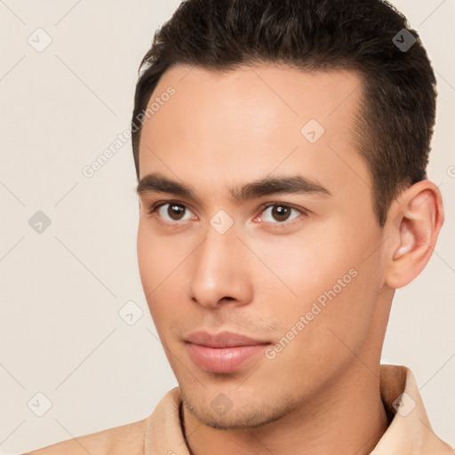 Neutral white young-adult male with short  brown hair and brown eyes