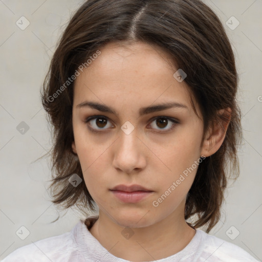 Neutral white young-adult female with medium  brown hair and brown eyes