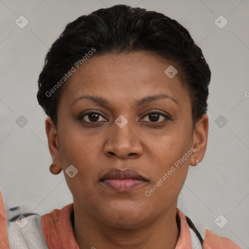 Neutral latino young-adult female with short  brown hair and brown eyes