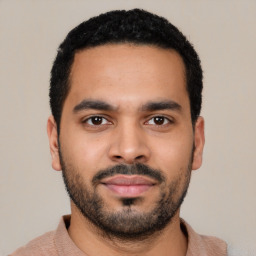 Neutral latino young-adult male with short  black hair and brown eyes