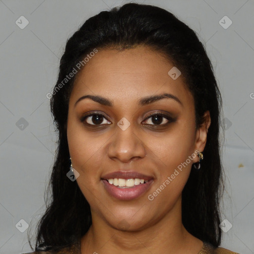 Joyful latino young-adult female with long  black hair and brown eyes