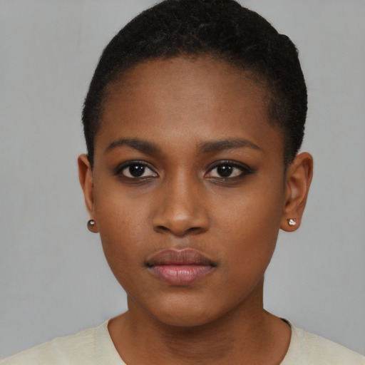 Neutral black young-adult female with short  brown hair and brown eyes