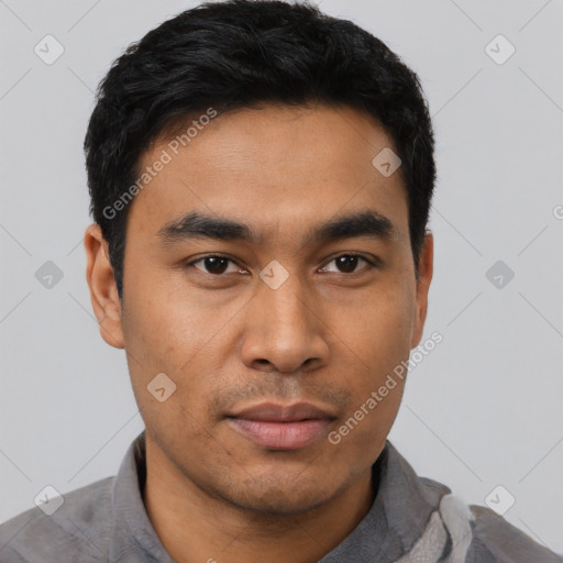 Neutral asian young-adult male with short  black hair and brown eyes