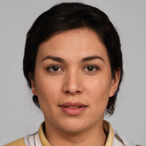 Neutral white young-adult female with medium  brown hair and brown eyes