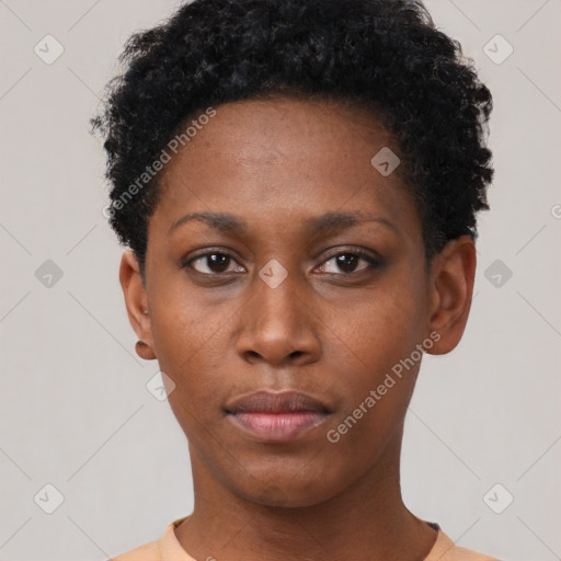 Neutral black young-adult female with short  black hair and brown eyes