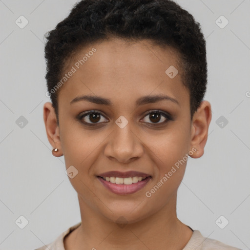 Joyful latino young-adult female with short  brown hair and brown eyes