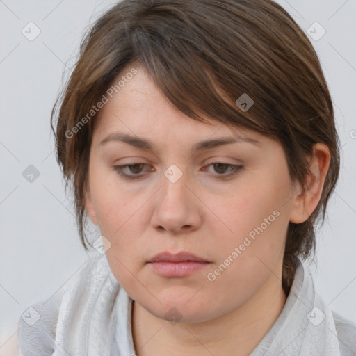 Neutral white young-adult female with medium  brown hair and brown eyes