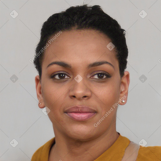 Joyful black young-adult female with short  black hair and brown eyes