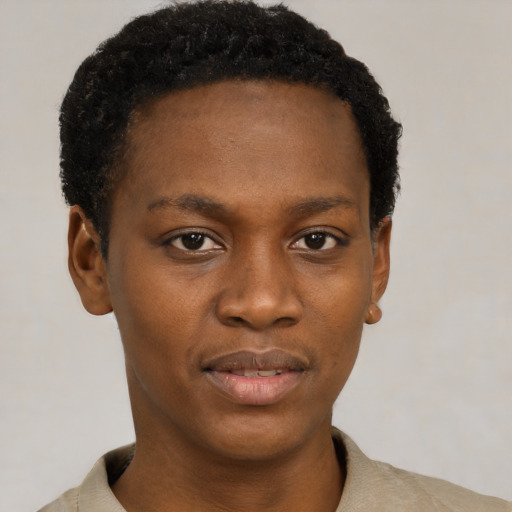 Neutral black young-adult female with short  black hair and brown eyes
