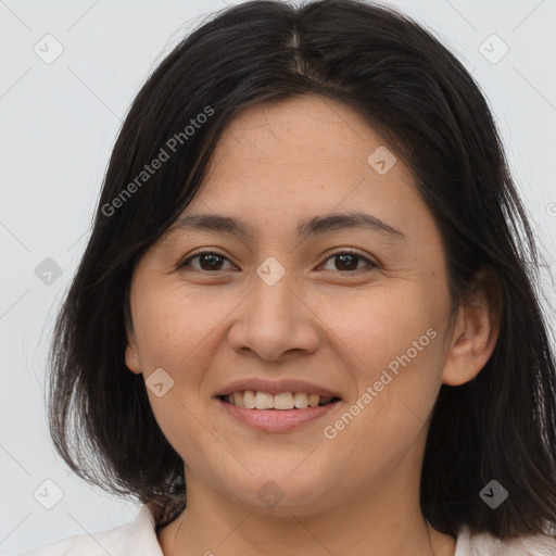 Joyful white young-adult female with medium  brown hair and brown eyes