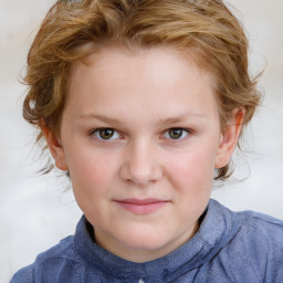 Joyful white child female with short  brown hair and blue eyes