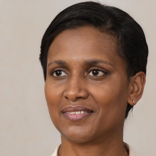 Joyful black adult female with short  black hair and brown eyes