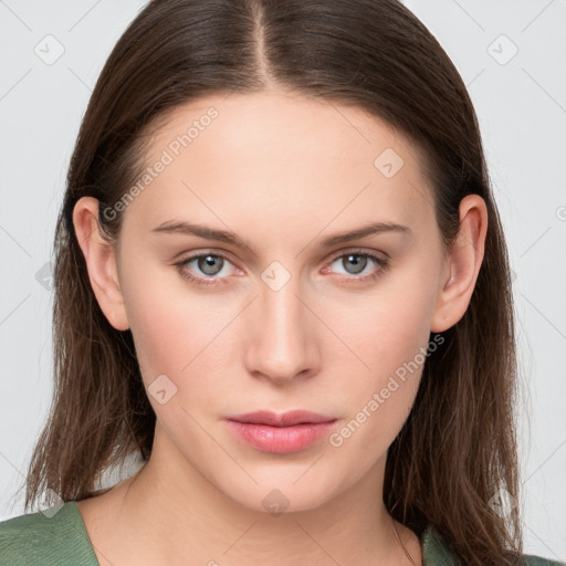 Neutral white young-adult female with long  brown hair and grey eyes