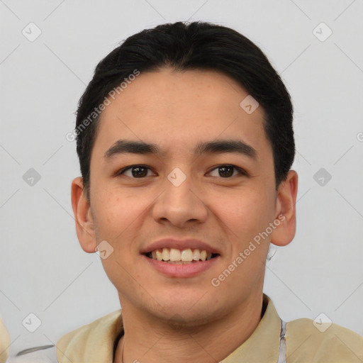 Joyful asian young-adult male with short  black hair and brown eyes