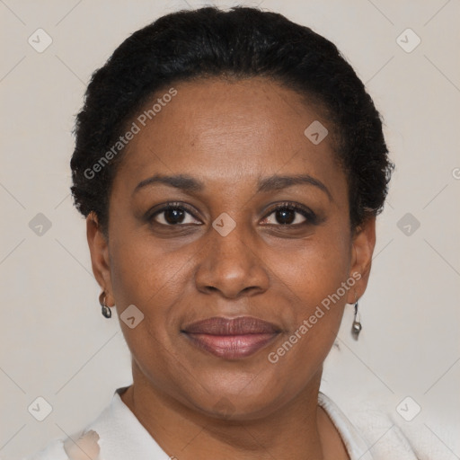 Joyful black adult female with short  brown hair and brown eyes