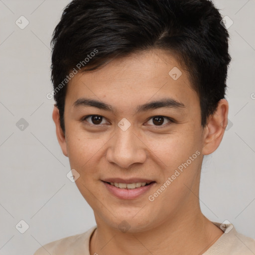 Joyful asian young-adult male with short  brown hair and brown eyes