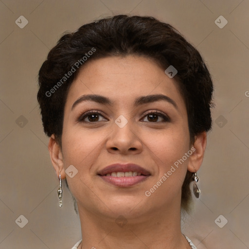 Joyful white young-adult female with short  brown hair and brown eyes