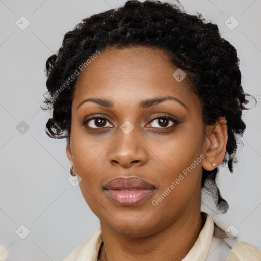 Neutral black young-adult female with short  black hair and brown eyes