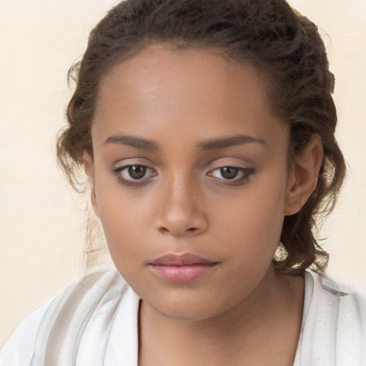 Neutral white child female with long  brown hair and brown eyes