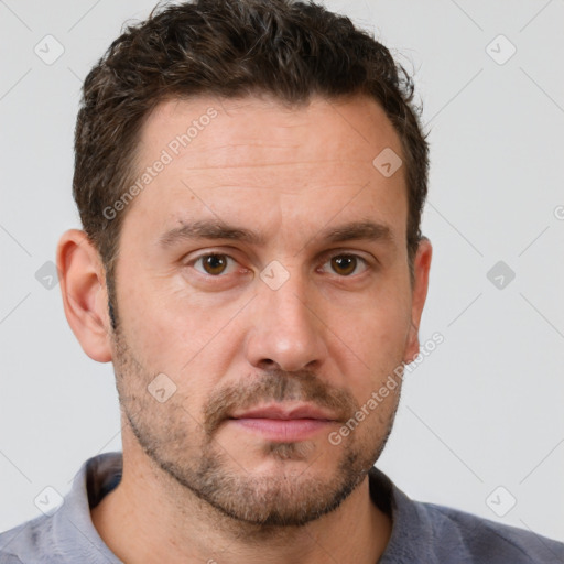 Neutral white adult male with short  brown hair and brown eyes