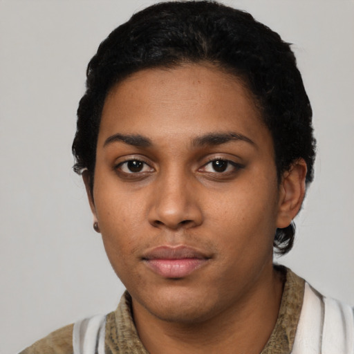 Neutral latino young-adult female with short  black hair and brown eyes