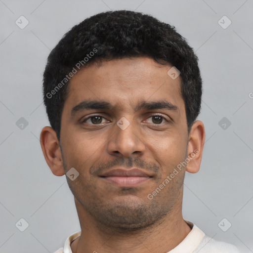 Neutral latino young-adult male with short  black hair and brown eyes