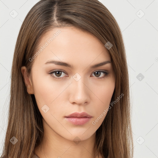 Neutral white young-adult female with long  brown hair and brown eyes