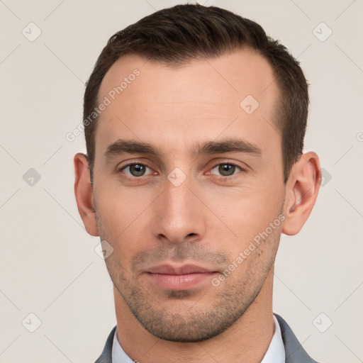 Neutral white young-adult male with short  brown hair and brown eyes