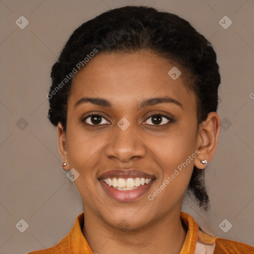 Joyful latino young-adult female with short  brown hair and brown eyes