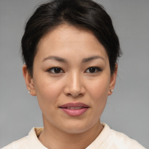 Joyful asian young-adult female with short  brown hair and brown eyes