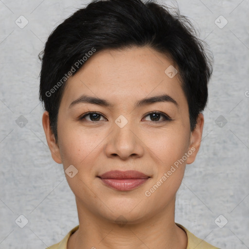 Joyful asian young-adult female with short  brown hair and brown eyes