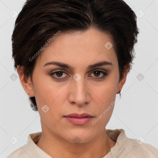 Neutral white young-adult female with short  brown hair and brown eyes