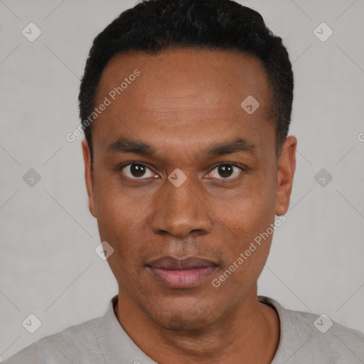 Joyful black young-adult male with short  black hair and brown eyes