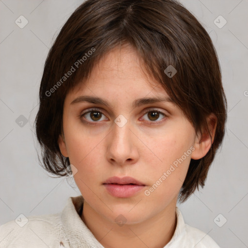 Neutral white young-adult female with medium  brown hair and brown eyes