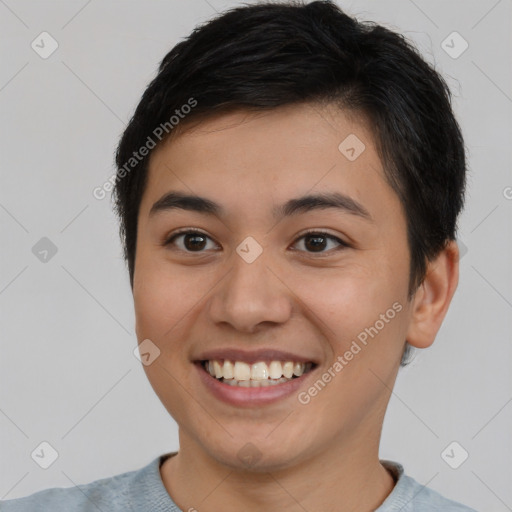 Joyful asian young-adult female with short  brown hair and brown eyes