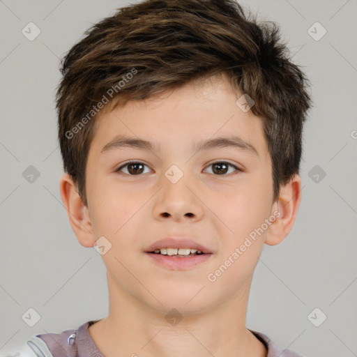 Joyful white child male with short  brown hair and brown eyes