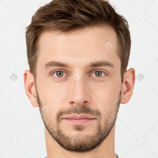 Neutral white young-adult male with short  brown hair and grey eyes