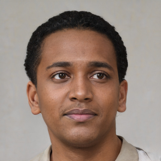 Neutral black young-adult male with short  black hair and brown eyes