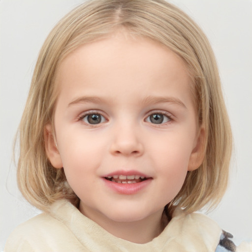 Joyful white child female with medium  brown hair and blue eyes