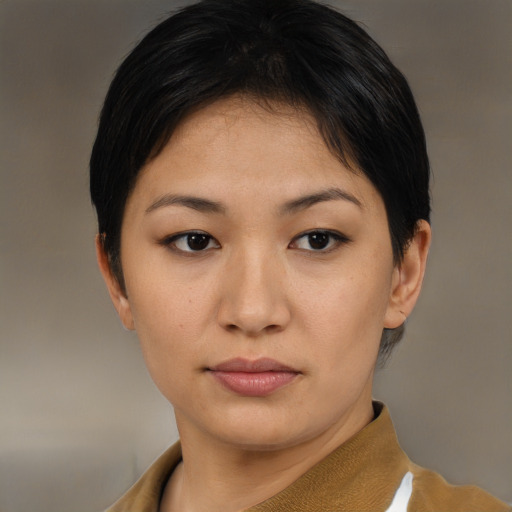 Neutral asian young-adult female with short  brown hair and brown eyes