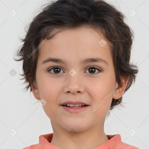 Joyful white child female with short  brown hair and brown eyes