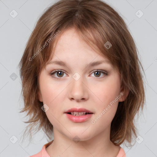 Neutral white young-adult female with medium  brown hair and brown eyes