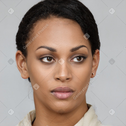 Neutral latino young-adult female with short  brown hair and brown eyes