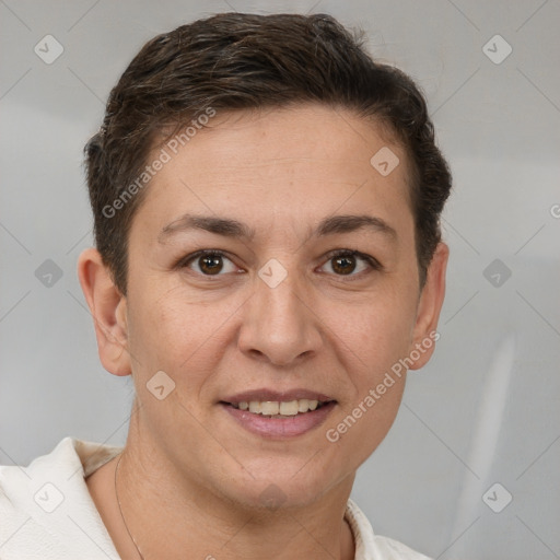 Joyful white adult female with short  brown hair and brown eyes